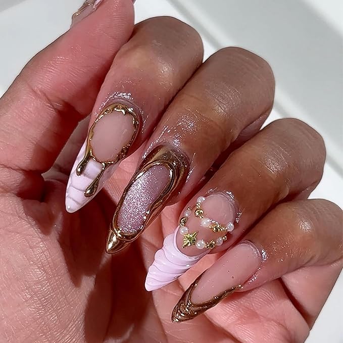 Long Press on Nails Almond Fake Nails Cat Eyes Artificial Nail Pink Gold Charm and Pearl Designs Cute Stick on Nail for Women 24pcs