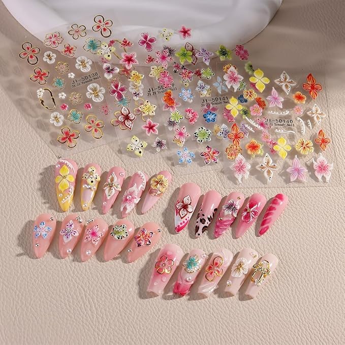 4 Sheets Flower Nail Stickers for Nail Art,5D Embossed Hibiscus Nail Decals Pink White Lily Hibiscus Tropical Floral Summer Spring Flower Nail Art Supplies for Women Girls Nail Decoration
