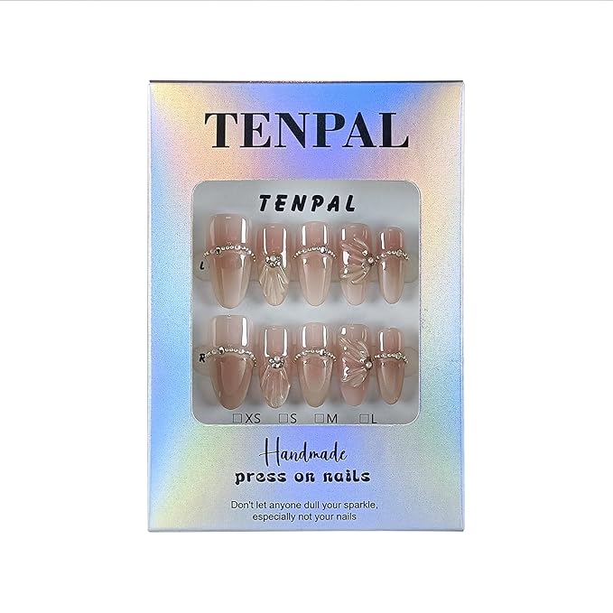 Mermaid Cat Eye Press on Nails 10Pcs Kit,Medium Almond Nude Pink Fake Nails with 3D Wave Shell, Chain Rhinestone French Tips Spring Summer False Nails,Handmade Glue on Nails Luxury Design(M)