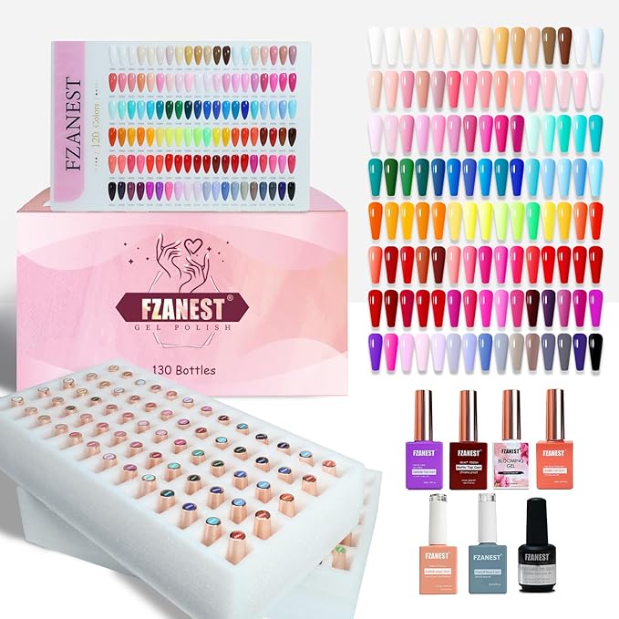 FZANEST 130Pcs 15ml Gel Nail Polish Set With Rubber Base Top Matte Coat 120 Colors Pink Nude Red White Black All Seasons Gel Polish Kit Nail Art Starter For Nail Salon Home Gifts for Women and Girls