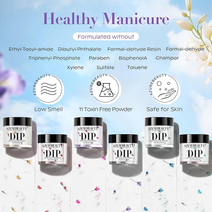 AZUREBEAUTY Dip Powder Nail Transparent Crystal Dried Flower Spring Set, Blue Purple Pink Yellow 6 Colors Natural Real Clear Dipping Powder Starter Kit Nail Art Manicure Salon, No Need Nail Lamp Cured