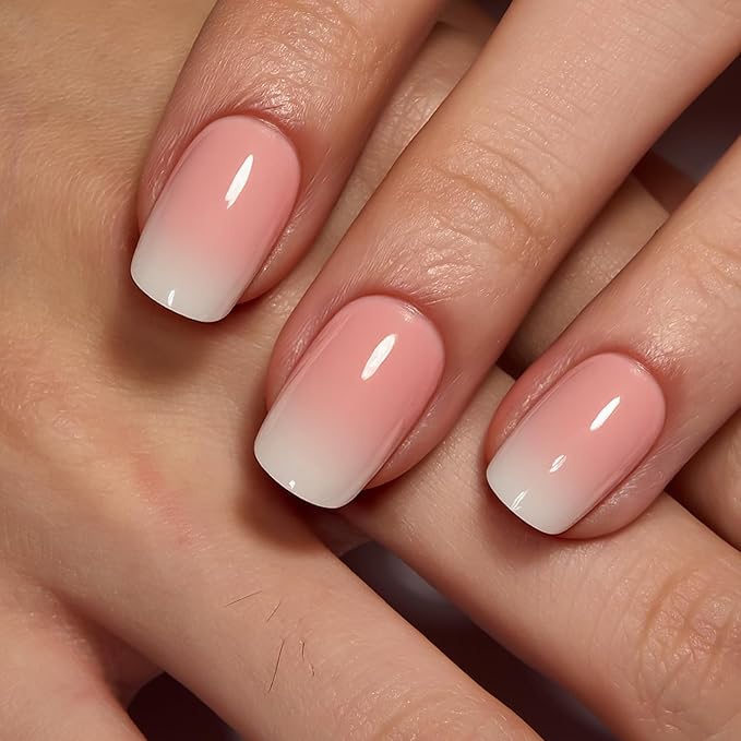 Curvlife Soft Gel Press on Nails Acrylic Fake Nails with Nude Ceramic Gradient Design Full Cover False Nails for Women Reusable Nail Kit