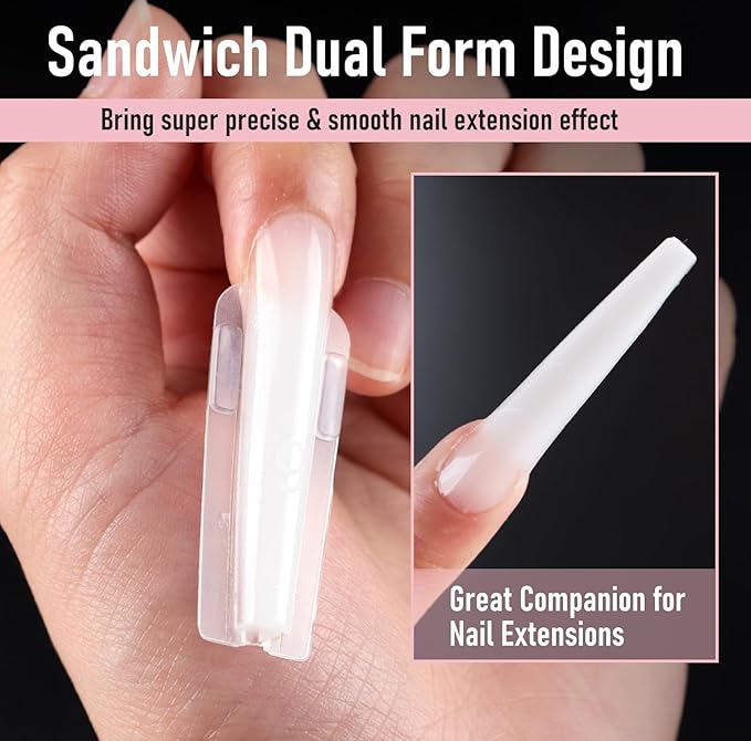 Sandwich Dual Nail Forms, Long Coffin Nail Extensions Nails Mold, No Paper Forms Needed, Quick Polygel Extensions Salon Nail Art Tools 15 Sizes 180pcs