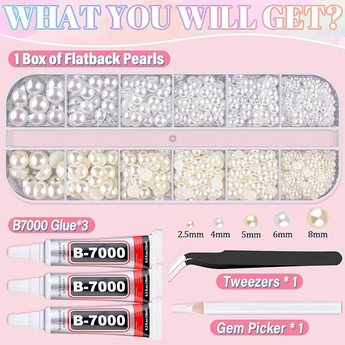 Flatback Pearls for Crafting with 3Pcs 10ml B7000 Jewelry Glue, 1 Box of Half Round Beige and White Pearls, Bedazzling Beads for DIY Crafts Clothing Tumblers Shoes Embellishment Nail Art