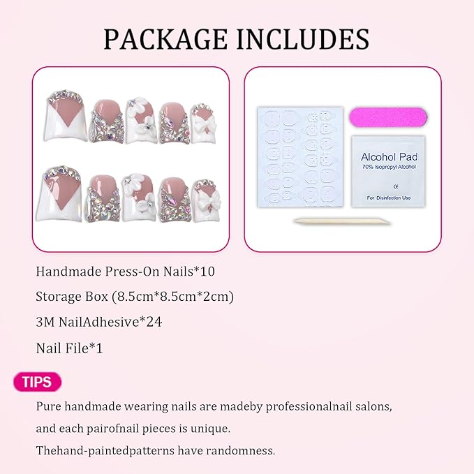 Handmade Press on Nails Rhinestone French Tip Fake Nails Muti-Layer Gel Short Duck False Nail with Luxury 3D White Flower Bow Design Full Cover Thicked Acrylic Nail Stick on Nail for Women (S)