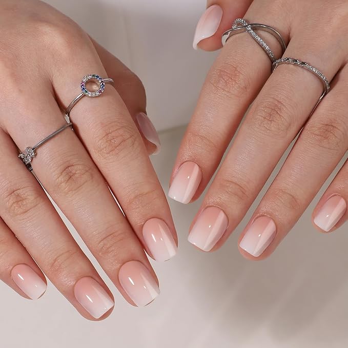 32 Pcs Press on Nails Short Square Shaped False Nails with Pink White Gradient Designs French Luxurious Thickened Fake Nails Full Cover Acrylic Nails Stick on Nails for Women Nails Manicure Decor