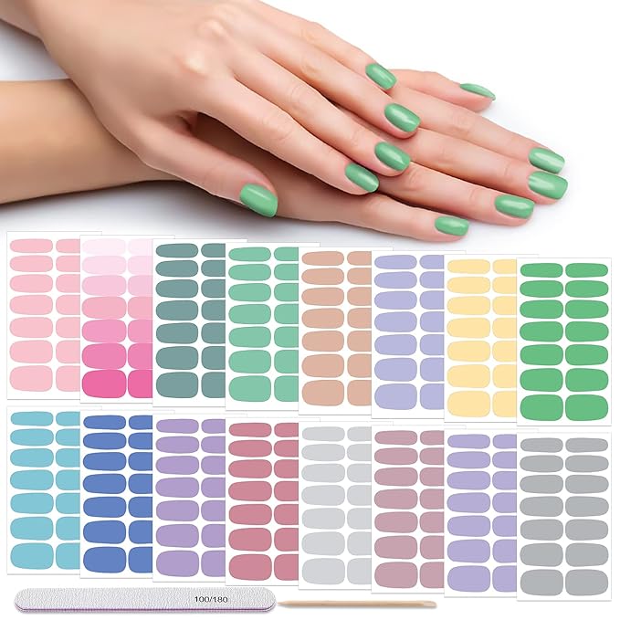DANNEASY 16 Sheets Nail Polish Strips Solid Color Full Nail Wraps Self Adhesive Nail Polish Stickers Gel Nail Strips for Women Nail Art with 1pc Nail File, Cuticle Stick (Fresh Color)