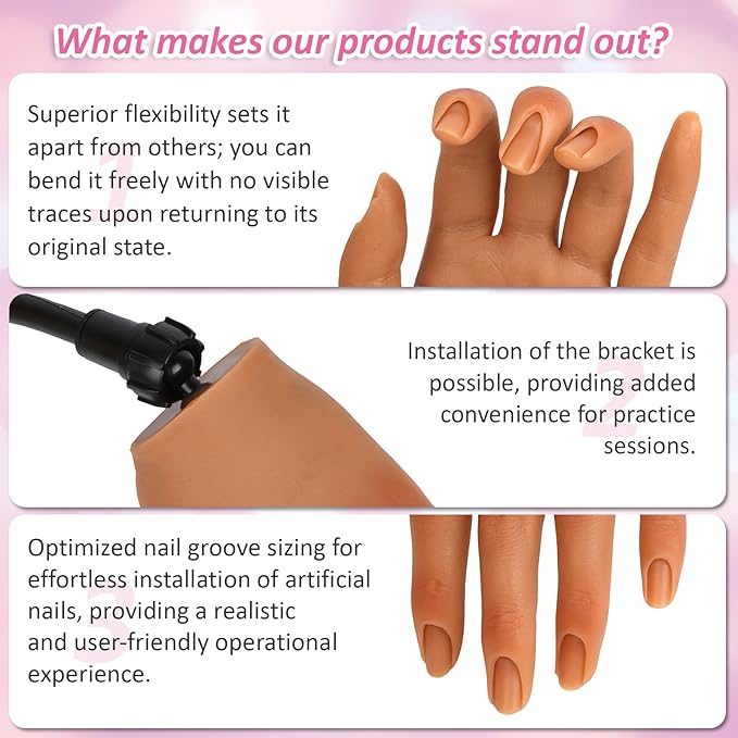 Practice Hand for Acrylic Nails,Silicone Fake Hand for Nail Practice with Adjustable Bracket, Flexible Nail Mannequin Hand for DIY Nails Art Beginners/Nail Salon Artists