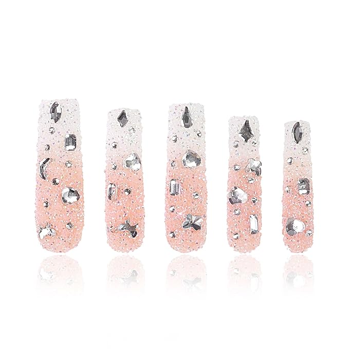 LOVFUL Press on Nails Berry Shake| Handmade with Full Covered Crystals| Reusable Fake Nails| Square Mid length 1.7in| H56-L