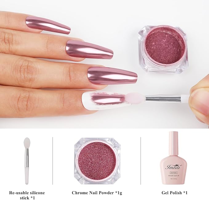 Imtiti Rose Gold Chrome Nail Powder Kit,1g Pink Meatllic Mirror Effect Powder with 10ml White Color Gel Polish Metal Nail UV DIY Kit