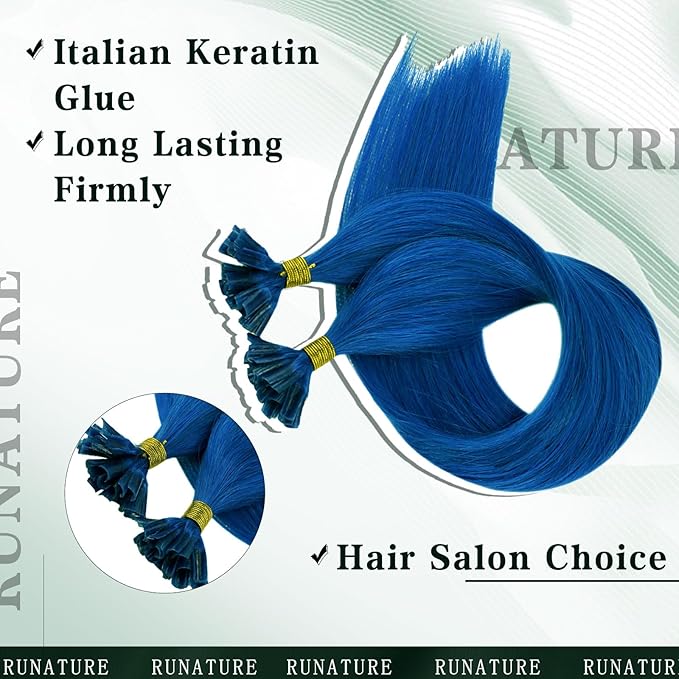 RUNATURE U Tip Hair Extensions Human Hair 14 Inch Blue Hair Extensions K Tip Extensions Hot Fusion Real Colorful Human Hair for Highlight Party Can Be Styled Long Lasting 20g 25s