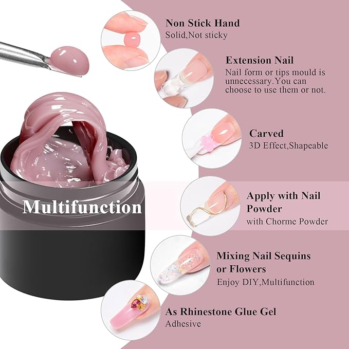 MEET ACROSS All-in-One Extension Mini Kit Non-Sticky Builder Gel Starter Kit WIth Base & Top Coat/Dual-Silicone Pen/Pro File/20-Pc Reusable Dual Forms Salon-Grade Extensions (Clear+White+Glitter+Nude)