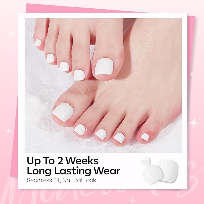 Modelones Press on Toenails Short, White Toe Press on Nails Square, Reusable Nail Kit with Nail Glue Adhesive Tabs Mini Nail File, Toe Nails 36Pcs 18Sizes, Spring Women Girl Gift