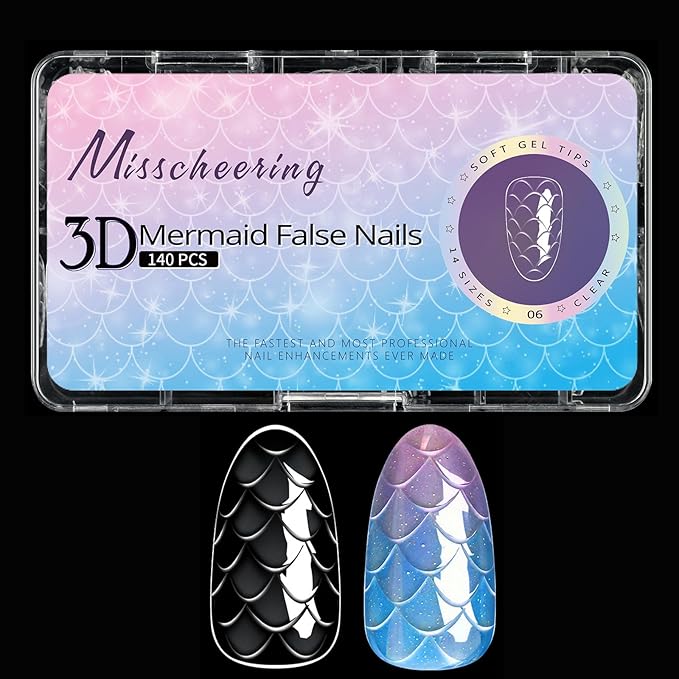 3D Diamond Shaped Polygel Nail, Extension Clear Full Cover False Nail Tips, Hybrid Gel Acrylic Nail, Diamond Fake Nails, 14 Sizes Building Artificial Press on Nail (Fish Scales 6, 140pcs)