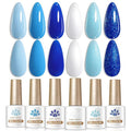 BORN PRETTY Blue Gel Nail Polish Set 6 Colors From Light Sky to Royal Navy Dark Blue Glitter Shimmer White Pearl Gel Polish Kit for Salon Manicure and Nail Art DIY at Home
