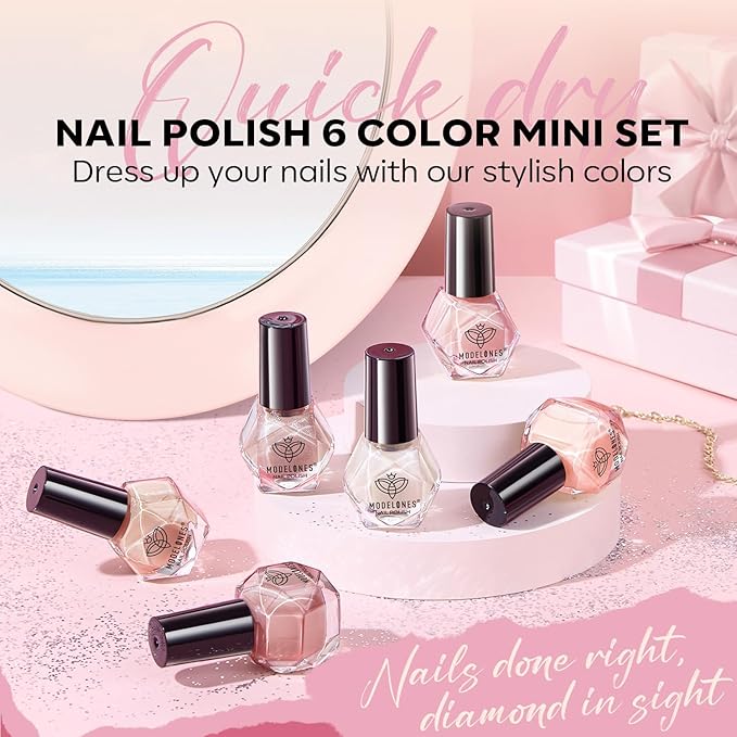 modelones Nude Nail Polish Set, Valentines 6 Colors Bubble Bath Quick Dry Skin Tone Glitter Summer Nail Polish Kit Fingernail Polish Nail Art Salon Home Gifts For Women Girl
