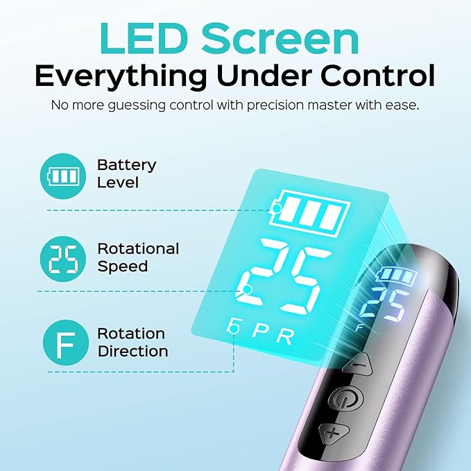 COSLUS C51 Electric Cordless Nail Drill: Professional Nail File with LED Screen & 25 Speeds for Acrylic Gel Dip Powder Removal, Beginner-Friendly for Home DIY & Salon, Portable for Travel, Purple