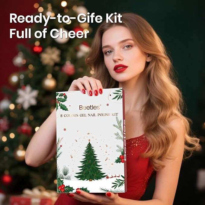 Beetles Merry Glow Valentines Gel Polish Set - 8 Holiday Colors Gel Nail Gift Box with Base&Top Coat, Red Cat Eye White Gold Silver Nude Nail Kit, Uv Led DIY Salon Manicure Kit Beauty Gifts for Women