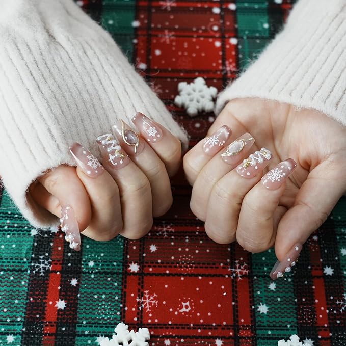 Pink Glitter Press on Nails Short Square - 3D Snowflake & Star Gems Design Sparkly Winter False Nails (Holiday Opulence-B,M)