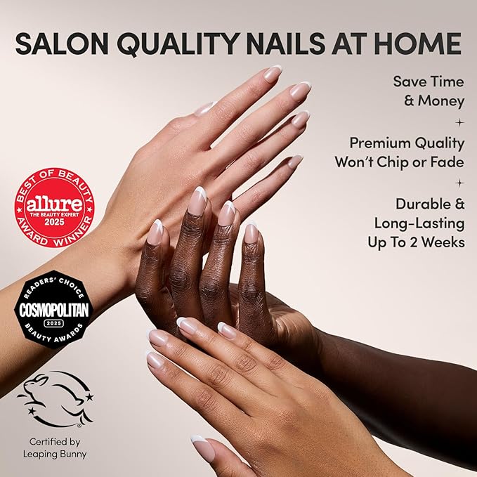 Glamnetic Press On Nails - Pearlfect | Short Oval White French Tip Fake Nails, Salon Quality French Manicure | 15 Sizes - 30 Nail Kit with Glue