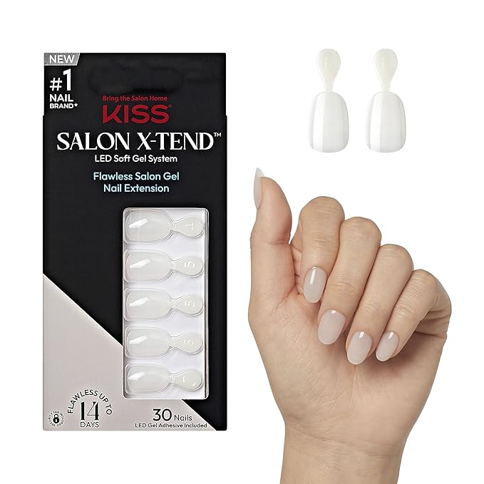 KISS Salon X-tend, Press-On Nails, Nail glue included, 'Keep It', Light White, Short Size, Oval Shape, Includes 30 Nails, 5Ml Led Soft Gel Adhesive, 1 Manicure Stick, 1 New Mini File, New Prep Pad