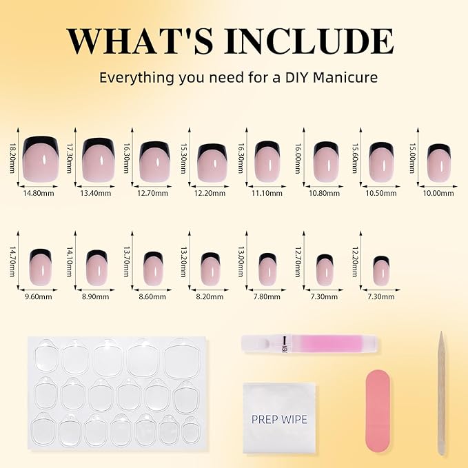 Black French Tip Press On Nails - Short Square Press On Nails, Reusable Glue On Nails with Natural Fit, 30 Pieces 15 Sizes False Nail Kit for Women, Black French Tip - Square