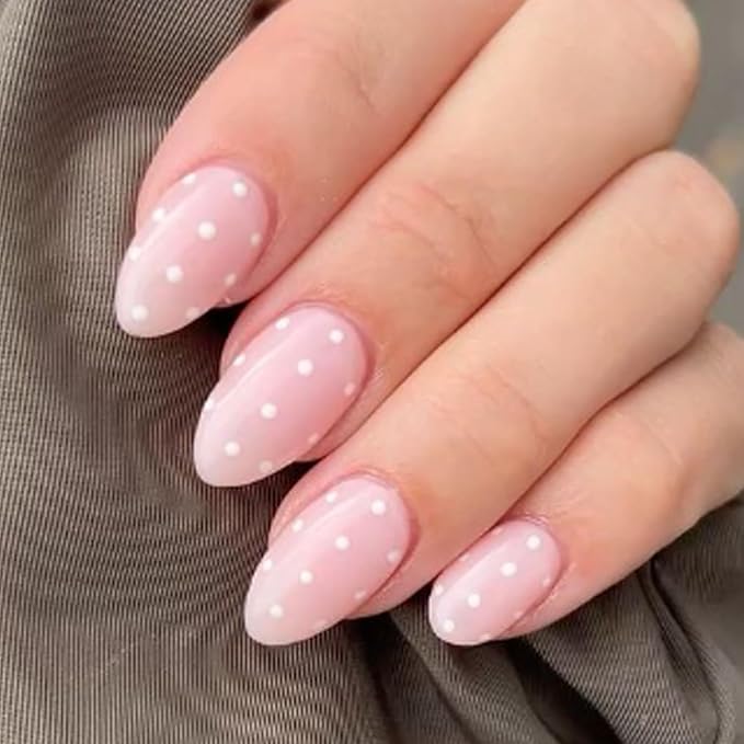 Modelones Pink Press on Nails Almond, Polka Dot Short Fake Nails, Reusable Nail Kit with Nail Glue Adhesive Tabs Mini Nail File, Nails Press Ons 32Pcs 16size, Women Girl Gift ﻿