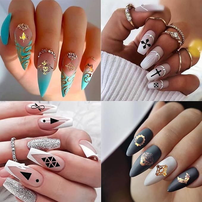 8 Sheets Geometric Nail Art Stickers, Black Gold Geometry Triangular Rhombus Minimalist 3D Design Self-Adhesive Nail Art Decals, DIY Manicure Decoration Supplies Accessories for Women Girls