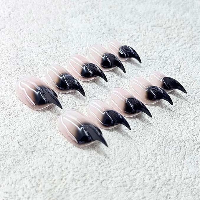 10 Pcs Stiletto Press on Nails Curved Medium Cat Claw Nails Press Ons Unique 3D Black French Tip Cat Claw Handmade Fake Nails Thick Gradient Designs Stick on Nail Glossy Acrylic Nail (S)