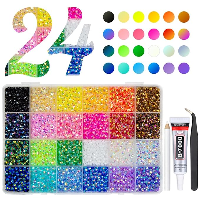 24 Color 5mm Jelly Resin Rhinestones w B7000 Jewelry Glue for Bedazzling Flatback Stones Bedazzler Kit Colorful AB Gems Diamonds Charms for Nails Eyes Face Makeup Crafting Tumblers DIY Crafts