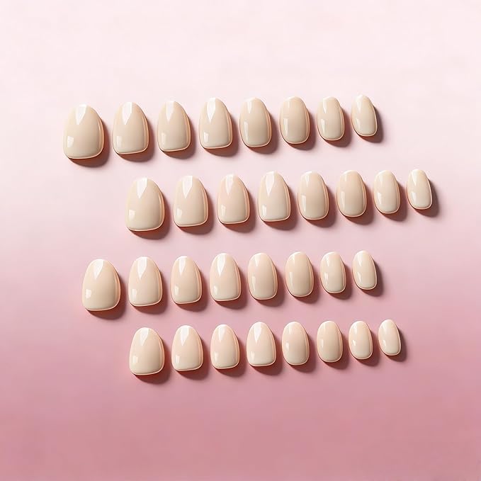 KQueenest Press On Nails Short - Beige Nude Press On Nails Oval, 32 Pcs 16 Sizes Neutral Short Fake Nails Press ons Almond, Reusable Opaque Glossy Cream White Glue on Nail with Glue for Everyday Wear