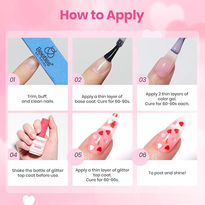 Beetles Spring Limited Heart Gel Top Coat 15ml - Hema Free Glitter Shine No Wipe Top Coat Long-Lasting for Gel Polish, Pink Heart Sparkle Soak Off UV LED Gift for Women
