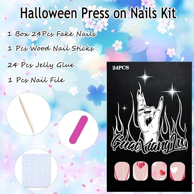 Valentines Press on Nails Long Coffin False Nails Pink Glitter French Tip Glue on Nails Glossy Deigns Heart Fake Nails Valentines Nails Tips Full Cover Acrylic Nails for Women Girls 24Pcs