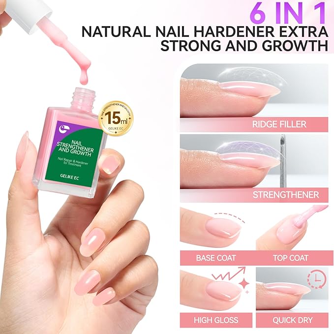 Protein Nail Strengthener for Damaged Nails: Pink 15ml Natural Nail Hardener Extra Strong and Growth for Brittle Nails - 6 in 1 Weak Nail Repair for Salon & Home DIY - For Housewives Working Women