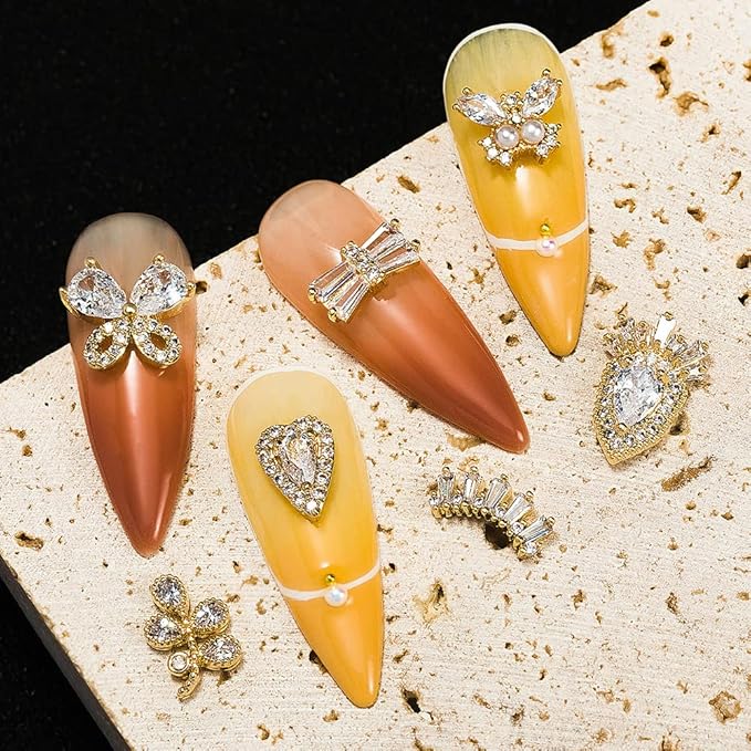HNUIX Nail Charms and Gems - Gold Copper Zircon, Multiple Shapes Dangle, Metal Jewelry Rhinestones for Nails 22Pieces