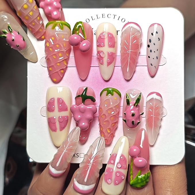 Handmade Acrylic Press On Nails Almond, Long Almond Press On Nails 3D Design, 3D Fruit Strawberry Nails For Women Gift, Reusable Stick On Fake Nails Kit With Nail Glue(Strawberry Fruit Feast-M)