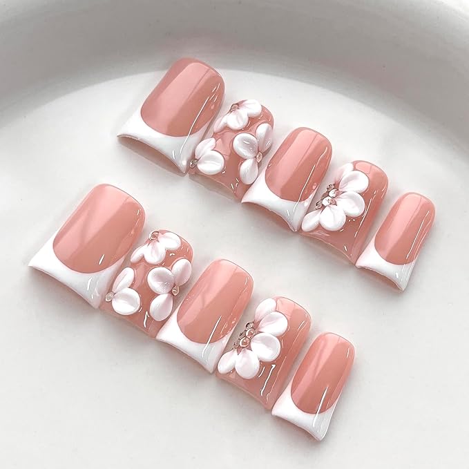 White French Tip Press on Nails Handmade Short Duck 3D Floral Thick Acrylic Nails Elegant False Nails with Flower Rhinestones Designs White Glossy Fake Nail Sturdy Wedding Art Press on Nail 10Pcs(M)