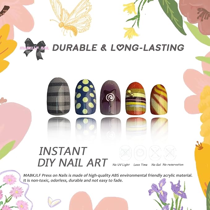 Press on Nails Short Oval MABKJLF Fake Nails Cute False Nails with Panther Stars Polka Dots Designs Vintage Glossy Glue on Nail Fall Acrylic Nails for Women Girls 24Pcs