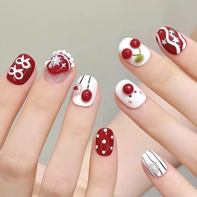 Handmade Press on Nails Short Oval with 3D Festive Design, Kawaii Reindeer & Snowman Holiday Set - Winter White Red Base Cute Multi-Layer Gel False Nails (Cute Snowman,M)