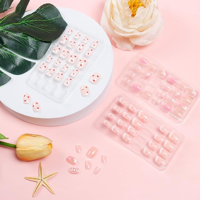 Laza 72pcs Children Nails Press On Pre-glue Full Cover Red Pink Heart Flower Short False Nail Kits for Kids Teenager Girls - French Love