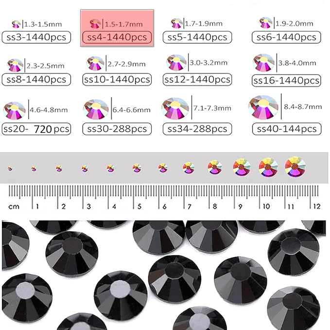 Dowarm 1440 Pieces SS4 Flatback Crystals, 1.5MM Flatback Crystal Rhinestones for Craft Nails Dance Costumes, Non Hotfix, Jet Black