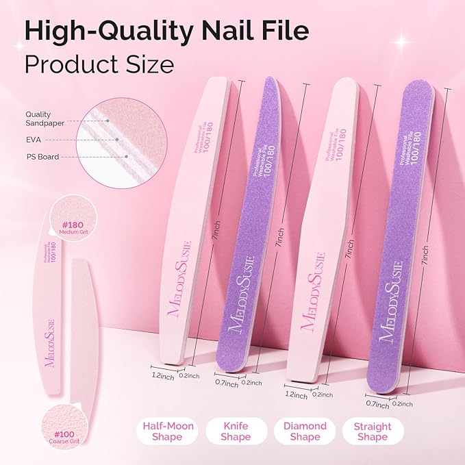 MelodySusie Nail File Kit, 4Pcs Double Sided 100/180 Grit Mixed-Shape Emery Boards For Nails, Professional Nail Art Manicure Pedicure Supplies for Home and Salon Use, Pink & Purple