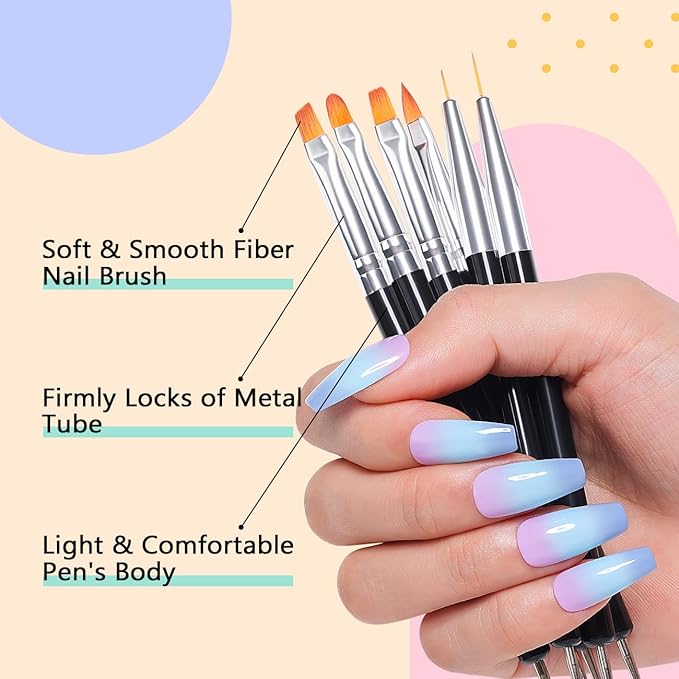 AIMEILI Nail Dotting Tools for Gel Nail Polish Nail Art, 6PCS Double-ended Liner Brushes Design Pen French Nail Brush DIY Manicure Tools Gift