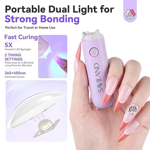 SAVILAND Pro Solid Nail Glue & Remover Kit: 30-Day Solid Adhesive Kit with U V Lamp 20g Gel & 3ml Fast Nail Glue Remover Pen for X Nail Gel Extension System