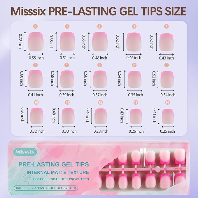 Misssix French Tip Press On Nails, 150Pcs French Gel Nail Tips, Pink Short Square Soft Gel Fake Nails, X-BASIC Tips Starter Kit for Nail Art DIY 15 Sizes