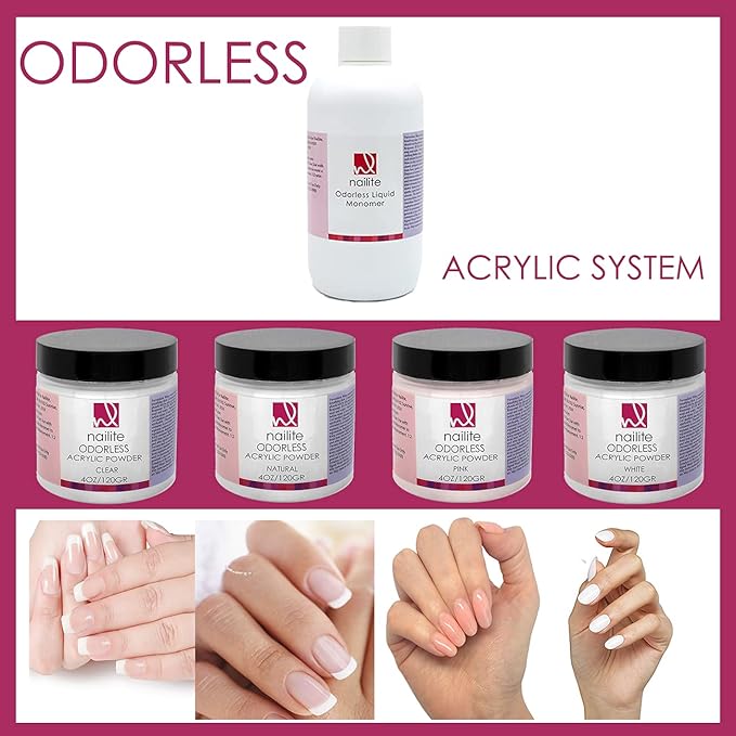 Odorless Liquid Monomer + Pink Acrylic Powder - Professional System for Nail Extension, Non-Yellowing Effect and EMA Formula – Kit 8 Oz.
