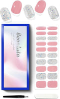 Semi Cured Gel Nail Strips - UV Light Gel Nail Stickers - 20 Long Lasting Salon Quality Wraps (Pink Peony Glitter)