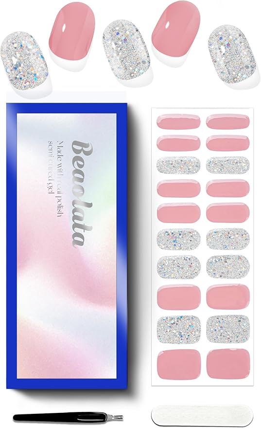 Semi Cured Gel Nail Strips - UV Light Gel Nail Stickers - 20 Long Lasting Salon Quality Wraps (Pink Peony Glitter)