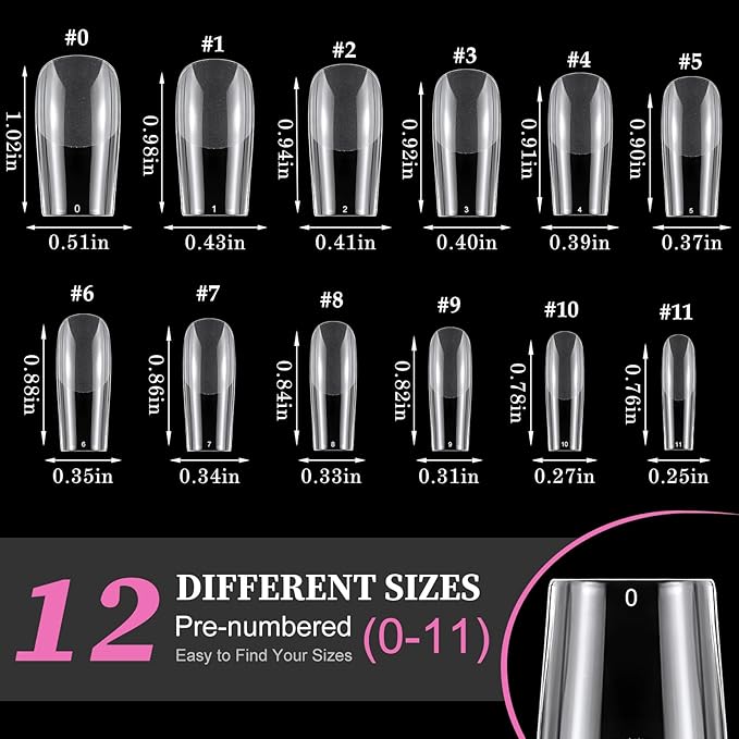 AddFavor Square Nail Tips Medium Fake Nails, 240pcs Soft Gel Nail Tips Square Clear Full Cover Gel Nails Press ons False Acrylic Nails Tips for Nail Extension, 12 Sizes Artificial Fingernails