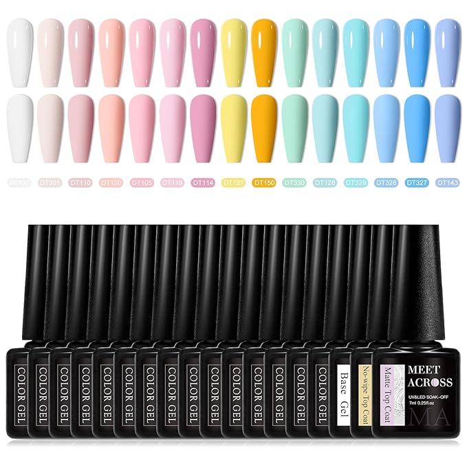MEET ACROSS 18PCS Nude Gel Nail Polish Set Macaron Gel Polish Kit Pink Orange Sky Blue Nail Polish Set Spring Summer Gifts for Women 15 Colors